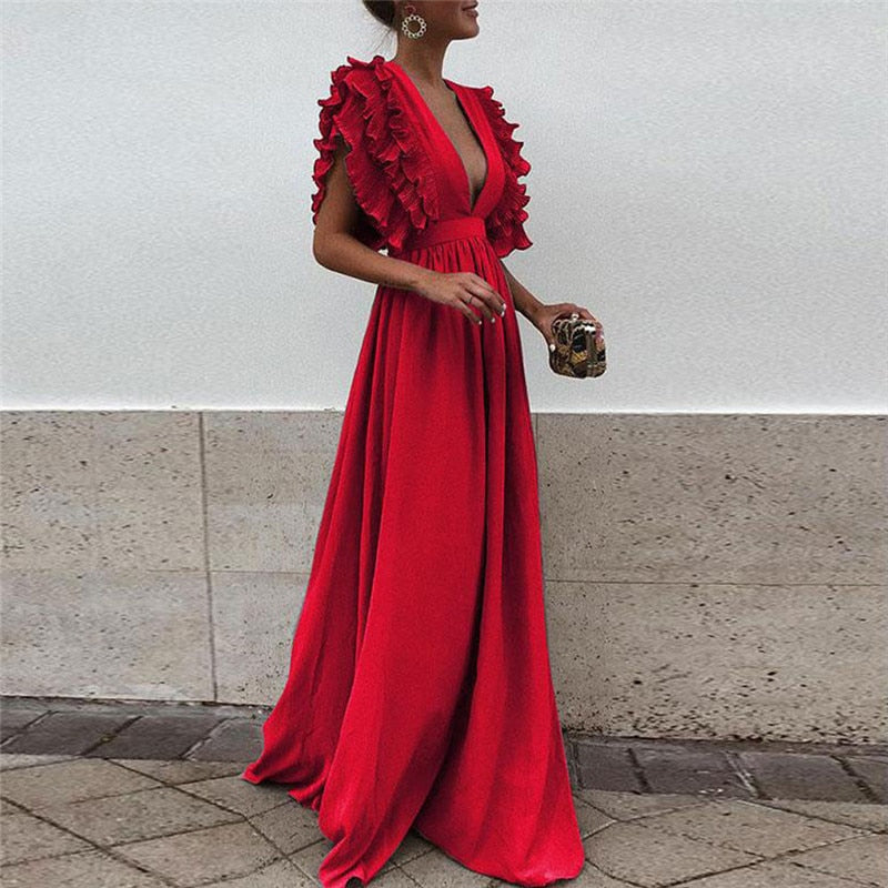 Women's Maxi Dress Ruffle Sleeves | Elegant Evening