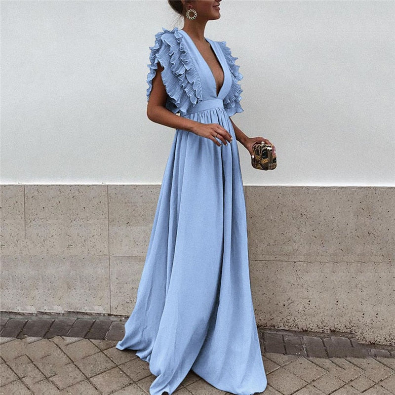 Women's Maxi Dress Ruffle Sleeves | Elegant Evening