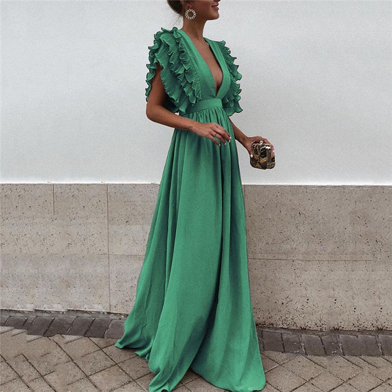 Women's Maxi Dress Ruffle Sleeves | Elegant Evening