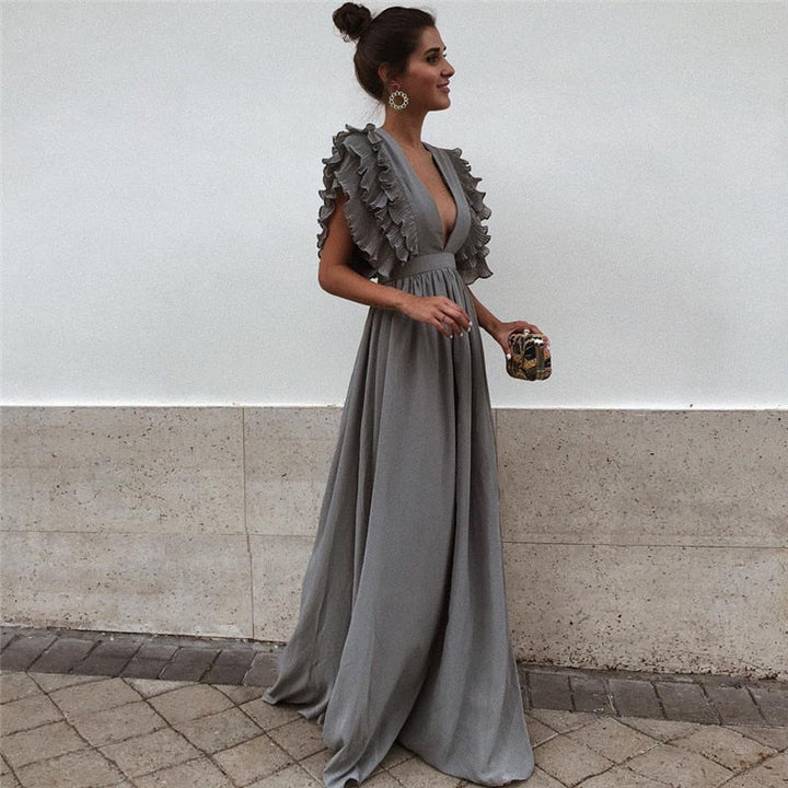 Women's Maxi Dress Ruffle Sleeves | Elegant Evening