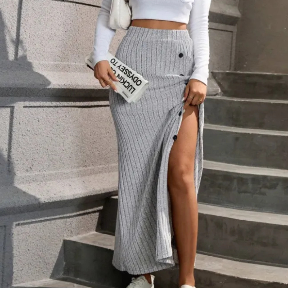 Women's Maxi Skirt Long Fitted | Side Slit Button