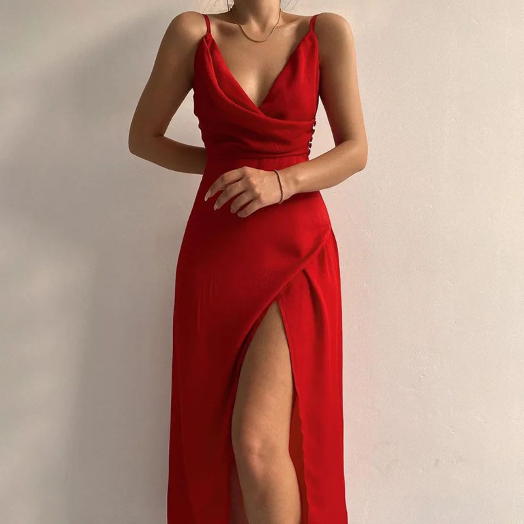 Women's Midi Dress V-Neck with Slit | Evening