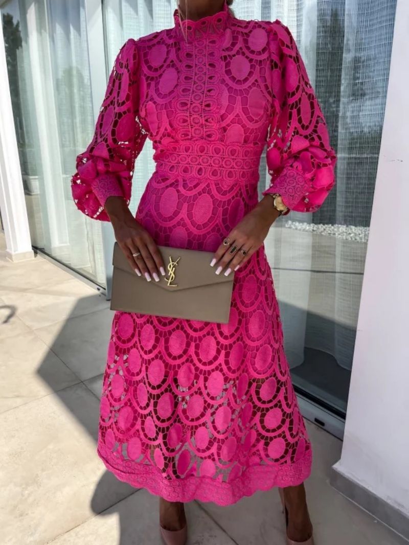 Women's Midi Lace Dress with Long Sleeves & High Neck | Wedding Guest
