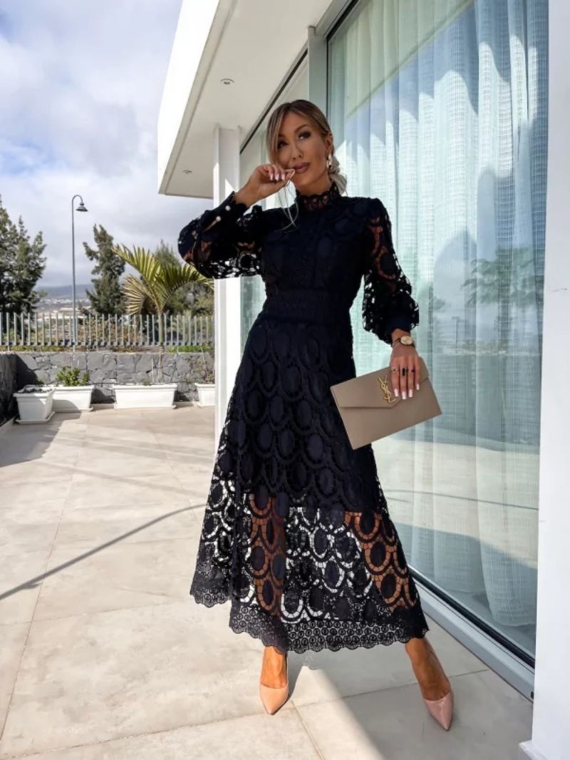 Women's Midi Lace Dress with Long Sleeves & High Neck | Wedding Guest