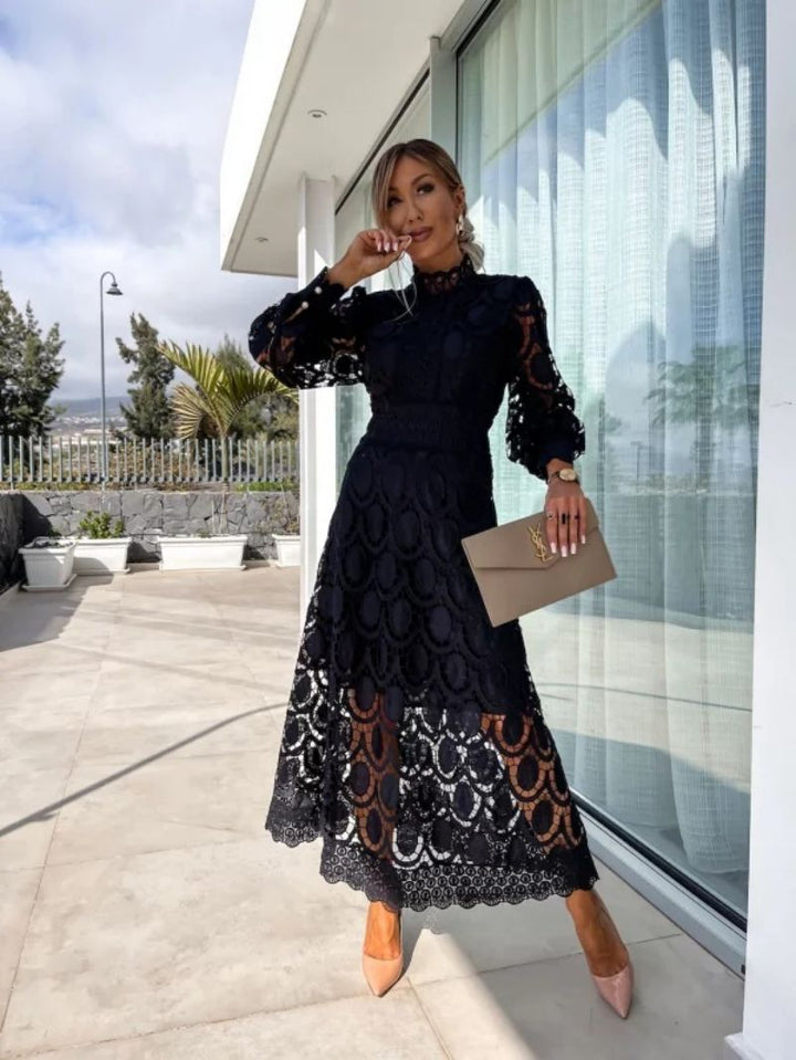 Women's Midi Lace Dress with Long Sleeves & High Neck | Wedding Guest