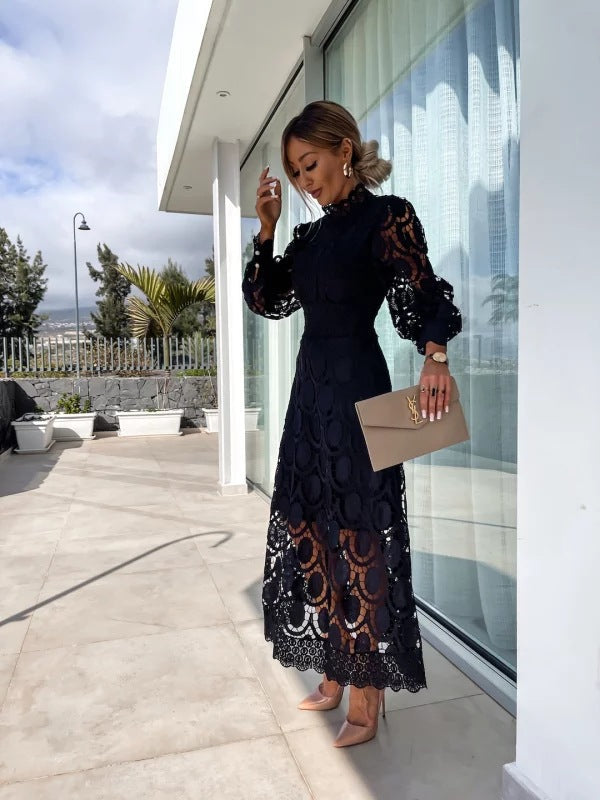 Women's Midi Lace Dress with Long Sleeves & High Neck | Wedding Guest