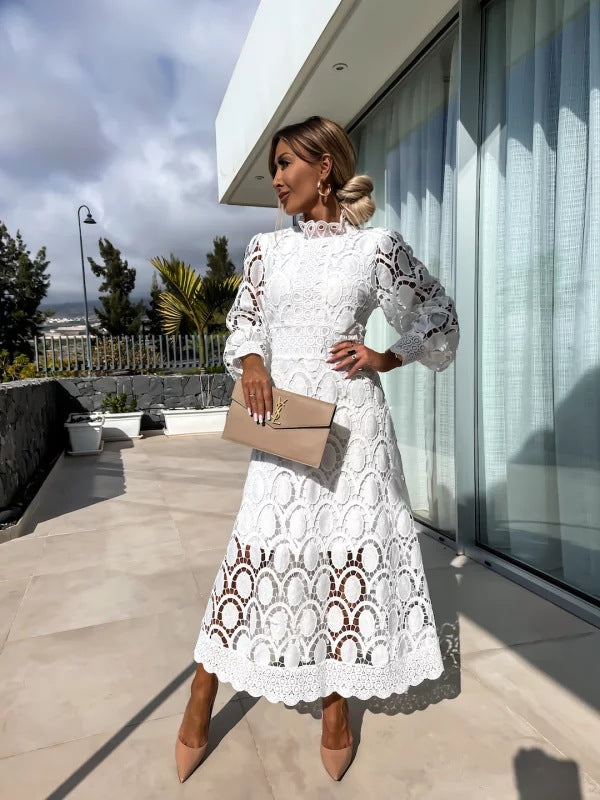 Women's Midi Lace Dress with Long Sleeves & High Neck | Wedding Guest