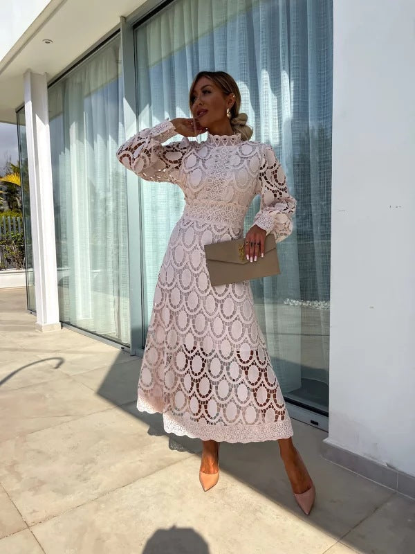 Women's Midi Lace Dress with Long Sleeves & High Neck | Wedding Guest