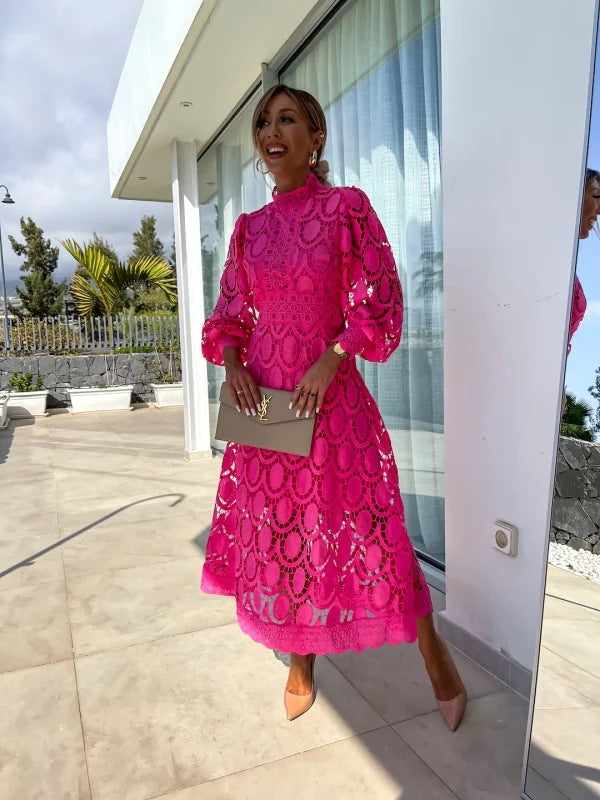 Women's Midi Lace Dress with Long Sleeves & High Neck | Wedding Guest