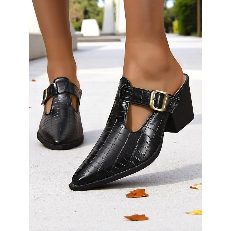 Women's Mules Buckle Cut-Out | Block Heel