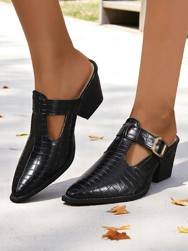 Women's Mules Buckle Cut-Out | Block Heel
