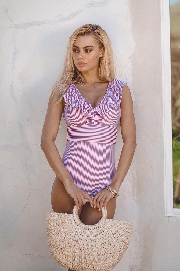 Women's One Piece Swimsuit Striped V-Neck | Ruffle