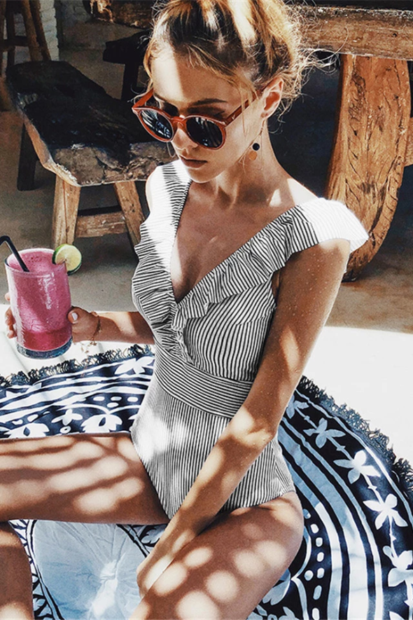 Women's One Piece Swimsuit Striped V-Neck | Ruffle