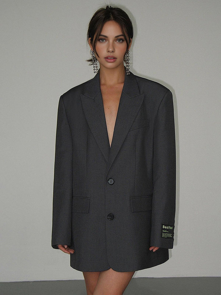 Women's Oversized Blazer with Peak Lapel & Button Front | Long