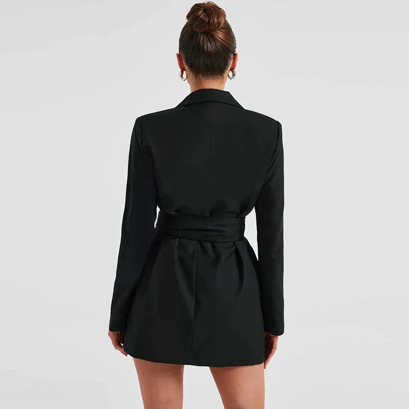 Women's Oversized Blazer with Tie Belt & Plunge Neckline | Long