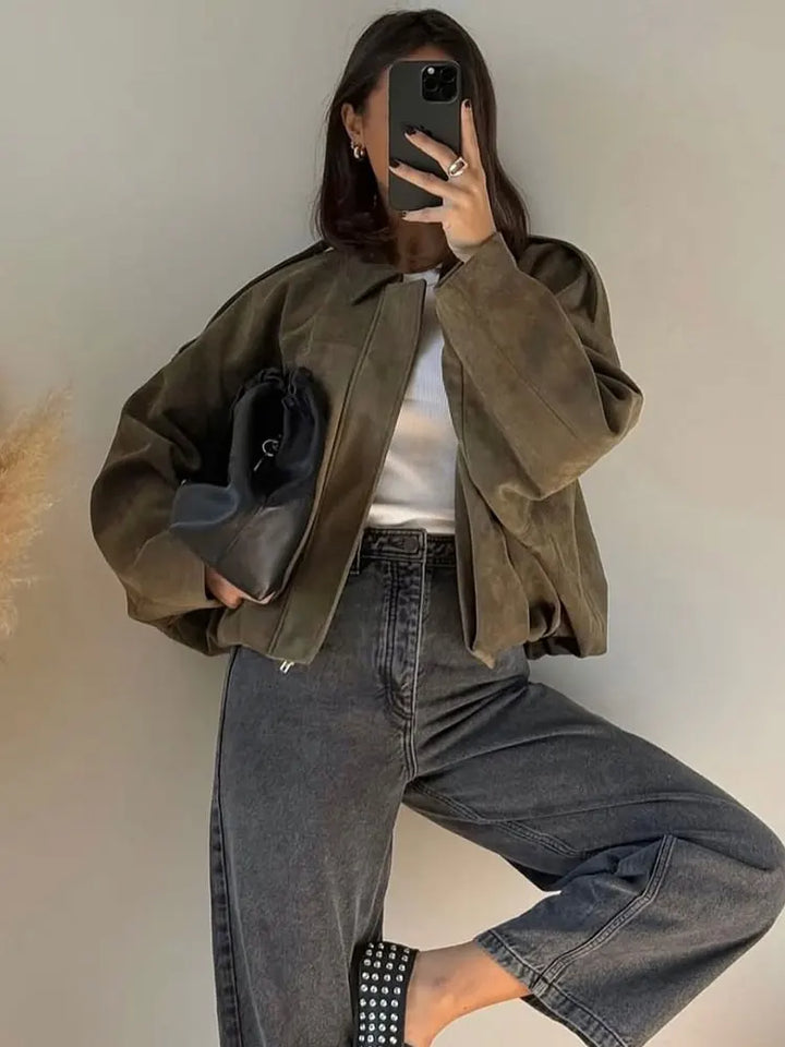 Women's Oversized Bomber Jacket with Collar | Drop Shoulder
