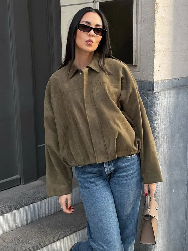 Women's Oversized Bomber Jacket with Collar | Drop Shoulder