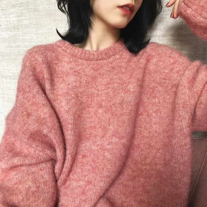 Women's Oversized Fluffy Knit Jumper with Crew Neck | Balloon Sleeves