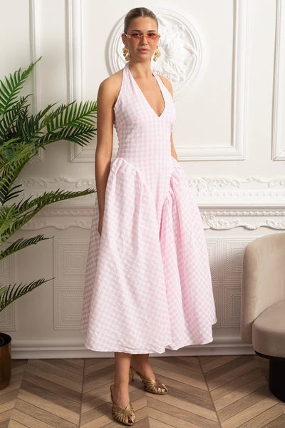 Women's Pink Dress Midi Halter Neck | Wedding Guest