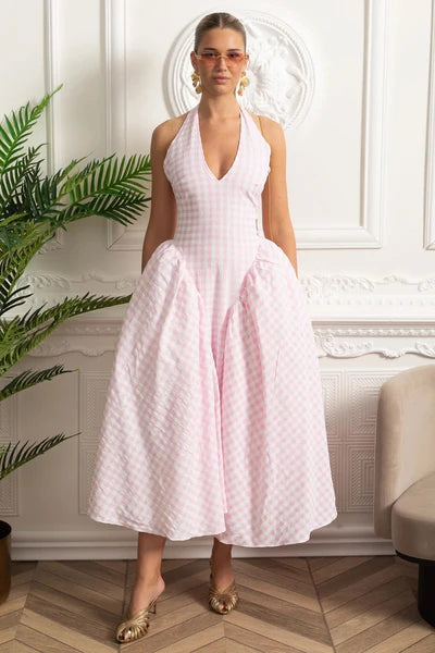 Women's Pink Dress Midi Halter Neck | Wedding Guest