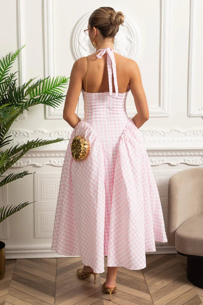 Women's Pink Dress Midi Halter Neck | Wedding Guest