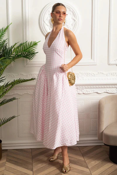 Women's Pink Dress Midi Halter Neck | Wedding Guest