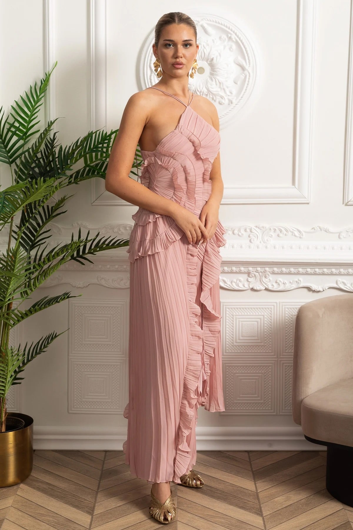 Women's Pink Dress Pleated Halter Neck Maxi | Wedding