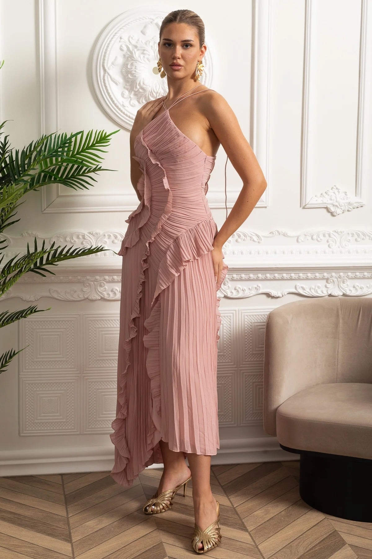 Women's Pink Dress Pleated Halter Neck Maxi | Wedding
