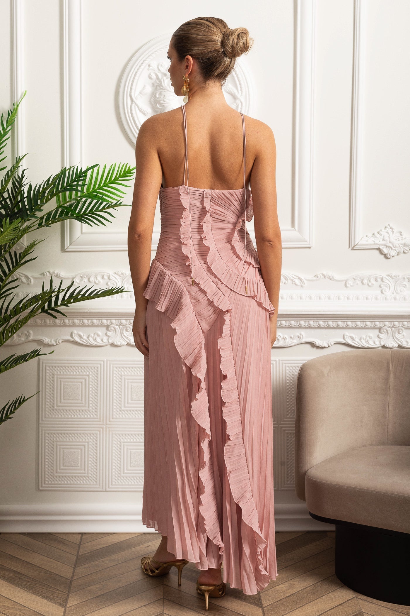 Women's Pink Dress Pleated Halter Neck Maxi | Wedding