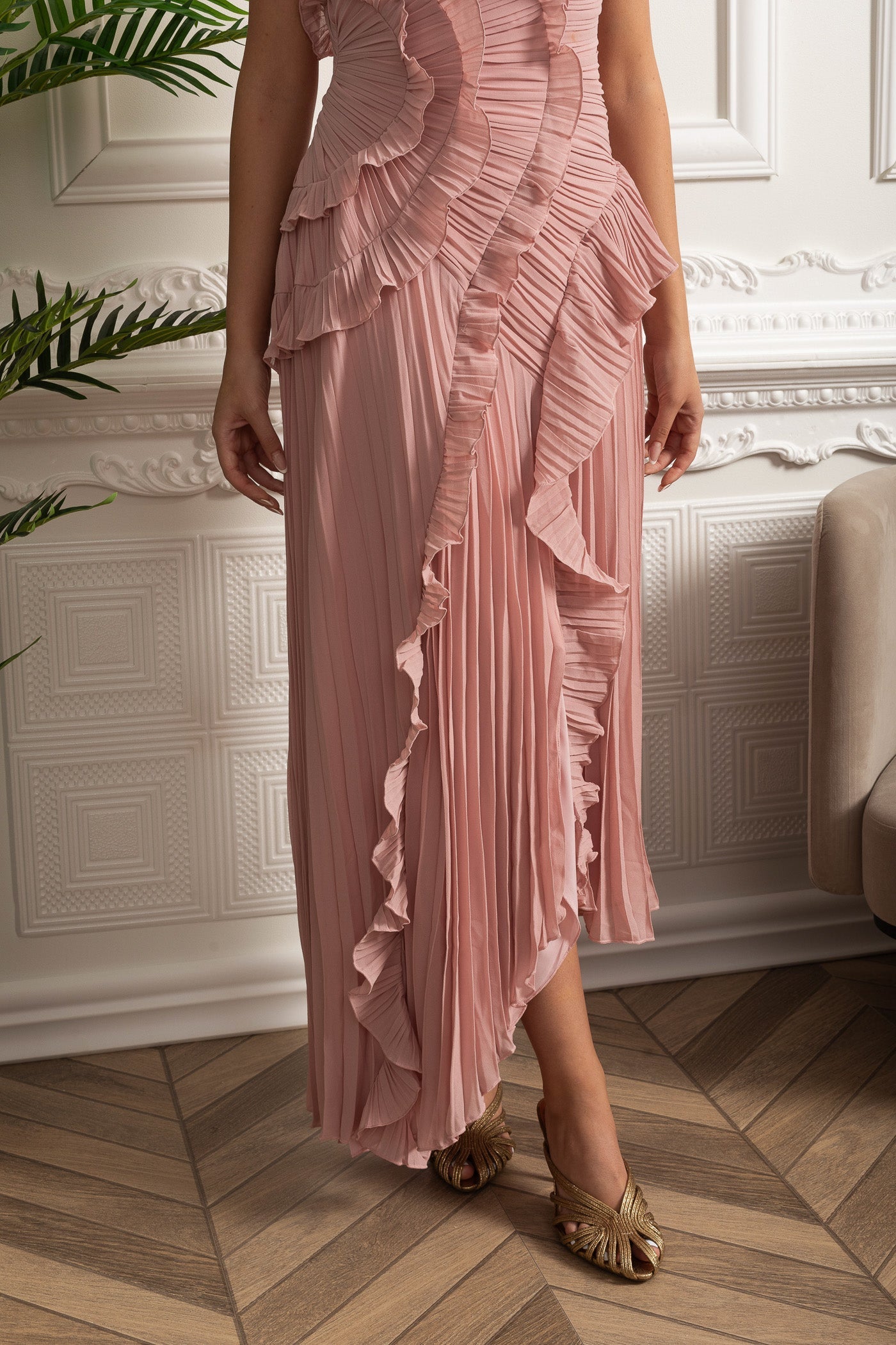 Women's Pink Dress Pleated Halter Neck Maxi | Wedding
