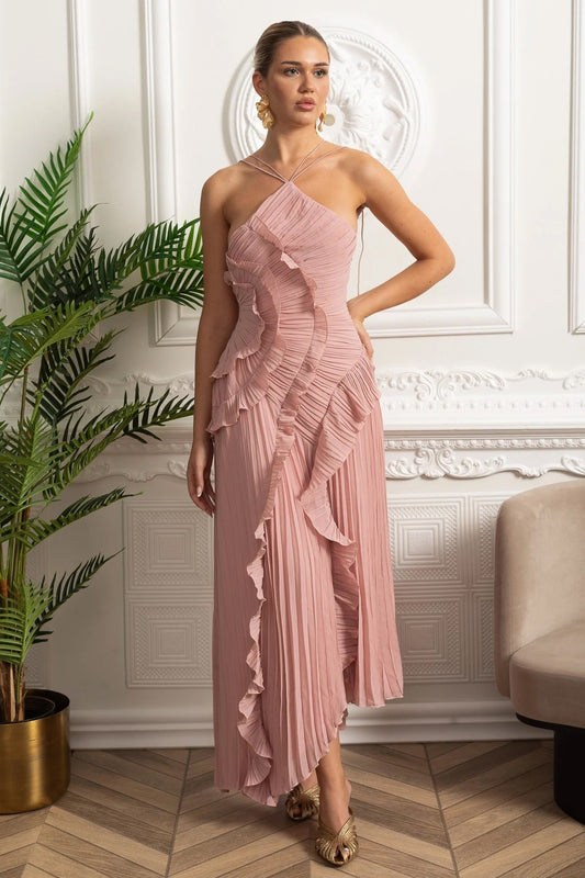 Women's Pink Dress Pleated Halter Neck Maxi | Wedding