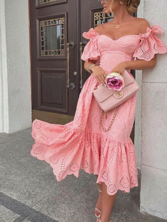 Women’s Pink Dress Puff Sleeve Midi | Cocktail