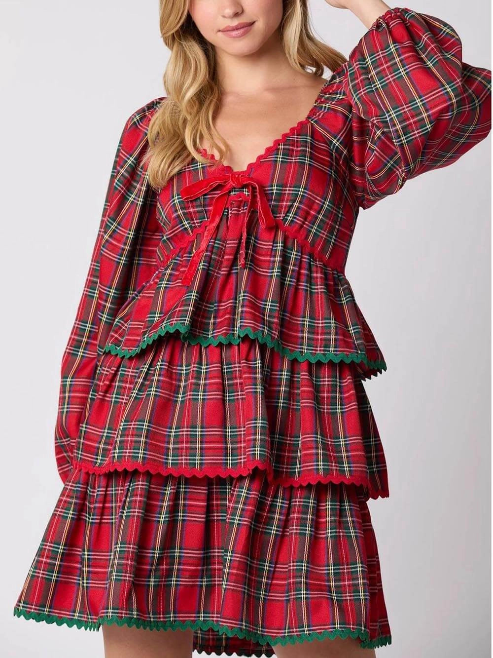 Women’s Plaid Christmas Mini Dress | Long sleeve