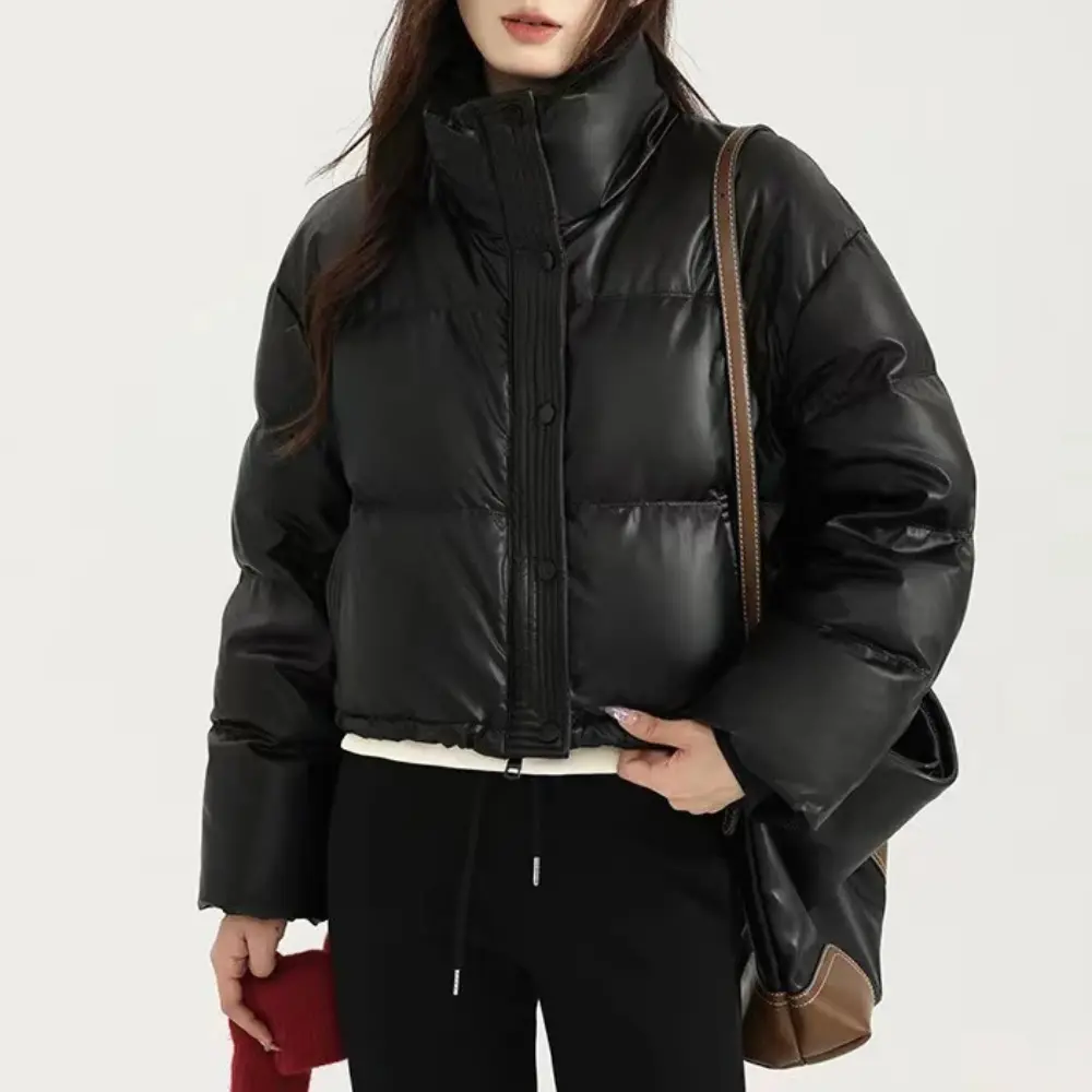 Women's Puffer Jacket Cropped with Stand Collar | Snap Button