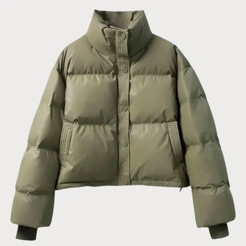 Women's Puffer Jacket Cropped with Stand Collar | Snap Button