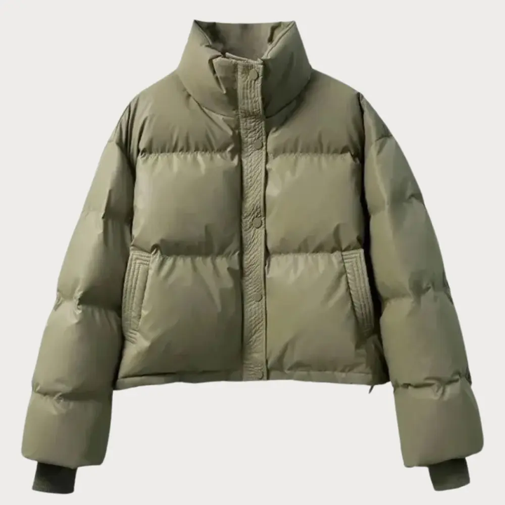 Women's Puffer Jacket Cropped with Stand Collar | Snap Button