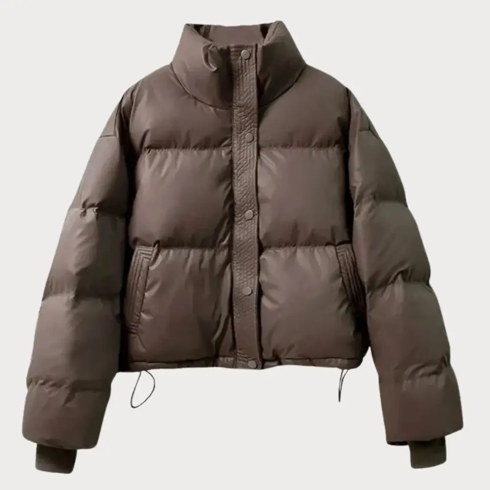 Women's Puffer Jacket Cropped with Stand Collar | Snap Button
