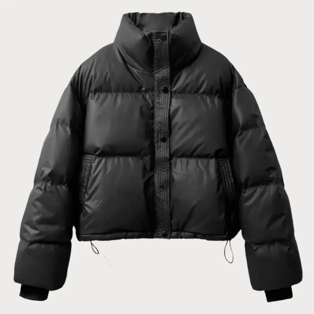 Women's Puffer Jacket Cropped with Stand Collar | Snap Button