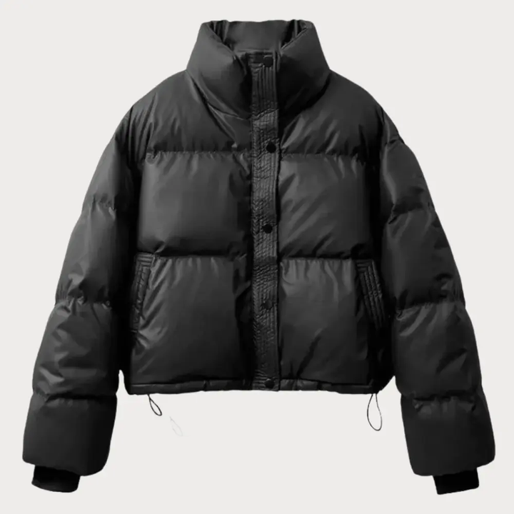 Women's Puffer Jacket Cropped with Stand Collar | Snap Button