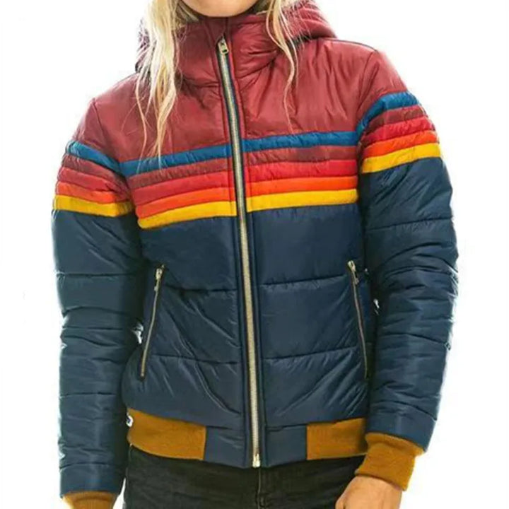 Women's Puffer Jacket  Hooded Striped | Retro