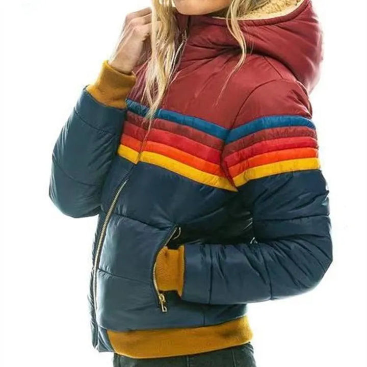 Women's Puffer Jacket  Hooded Striped | Retro