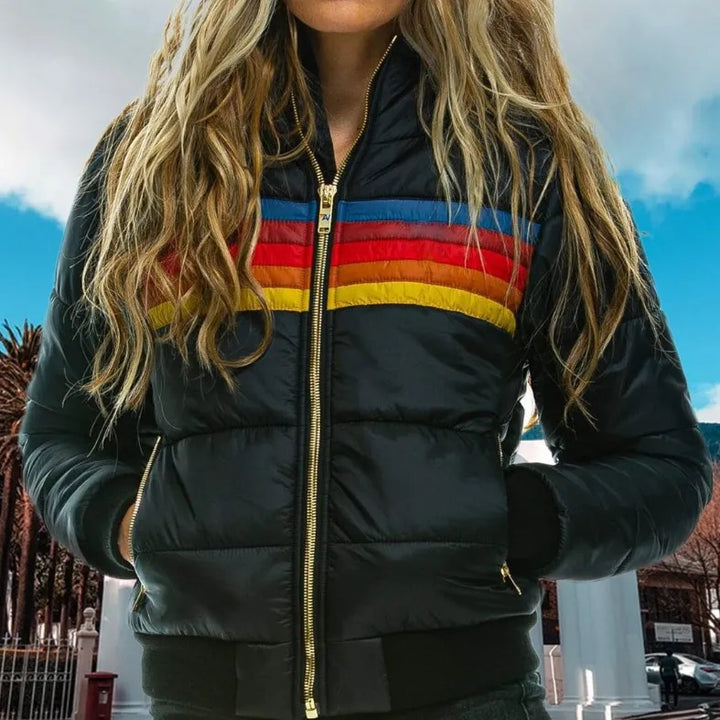 Women's Puffer Jacket  Hooded Striped | Retro