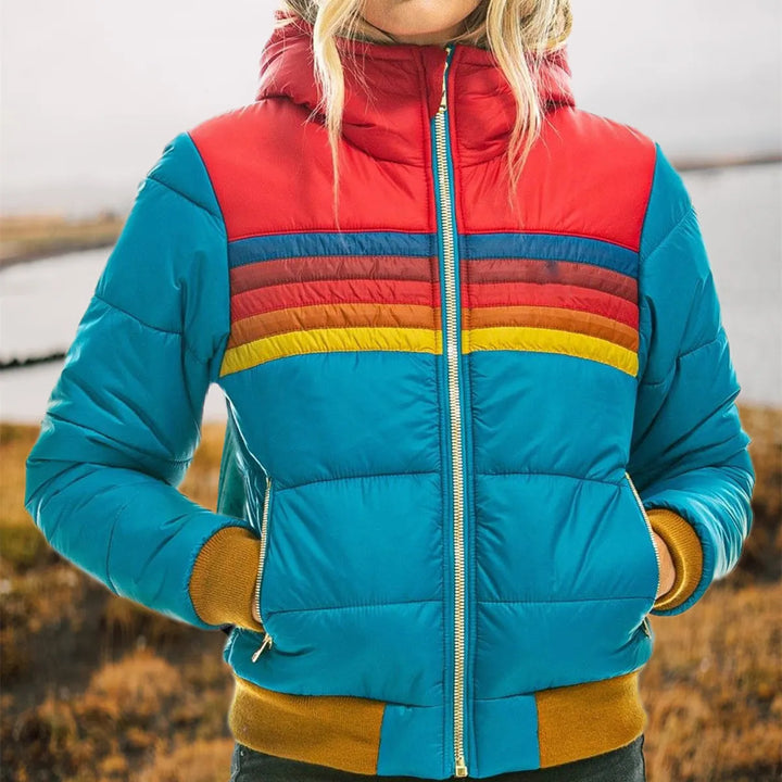 Women's Puffer Jacket  Hooded Striped | Retro