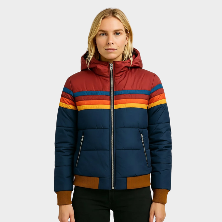 Women's Puffer Jacket  Hooded Striped | Retro