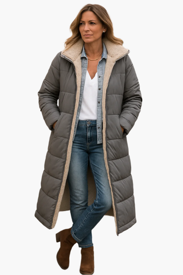 Women's Puffer Jacket Long with Hooded Collar & Lined | Zip Up