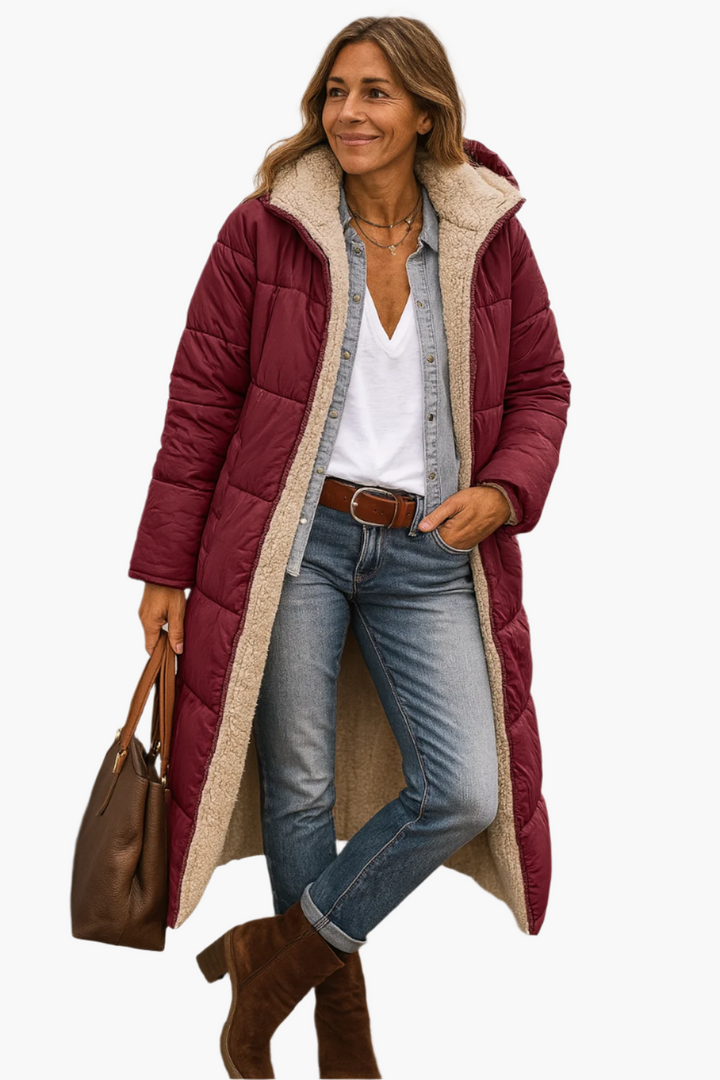 Women's Puffer Jacket Long with Hooded Collar & Lined | Zip Up
