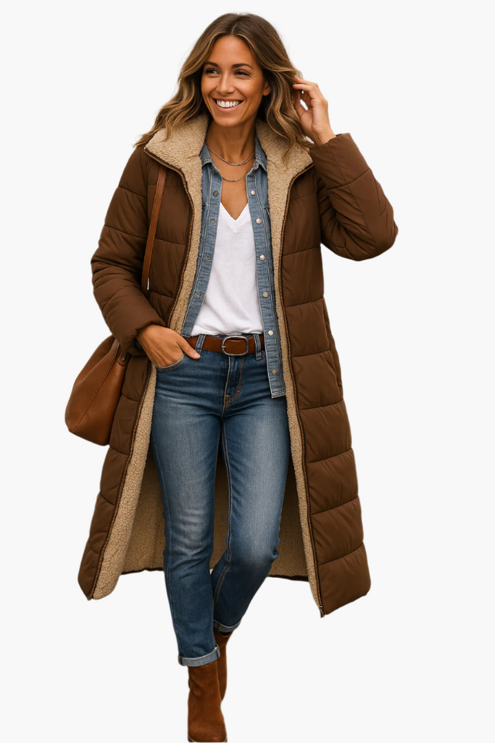 Women's Puffer Jacket Long with Hooded Collar & Lined | Zip Up