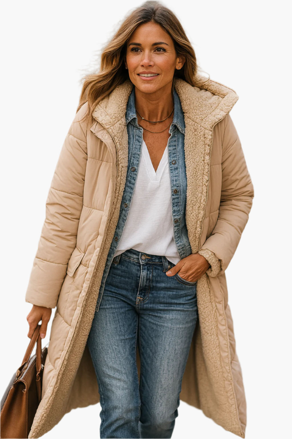Women's Puffer Jacket Long with Hooded Collar & Lined | Zip Up