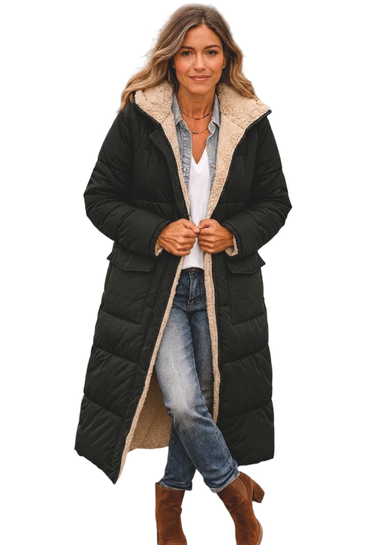 Women's Puffer Jacket Long with Hooded Collar & Lined | Zip Up