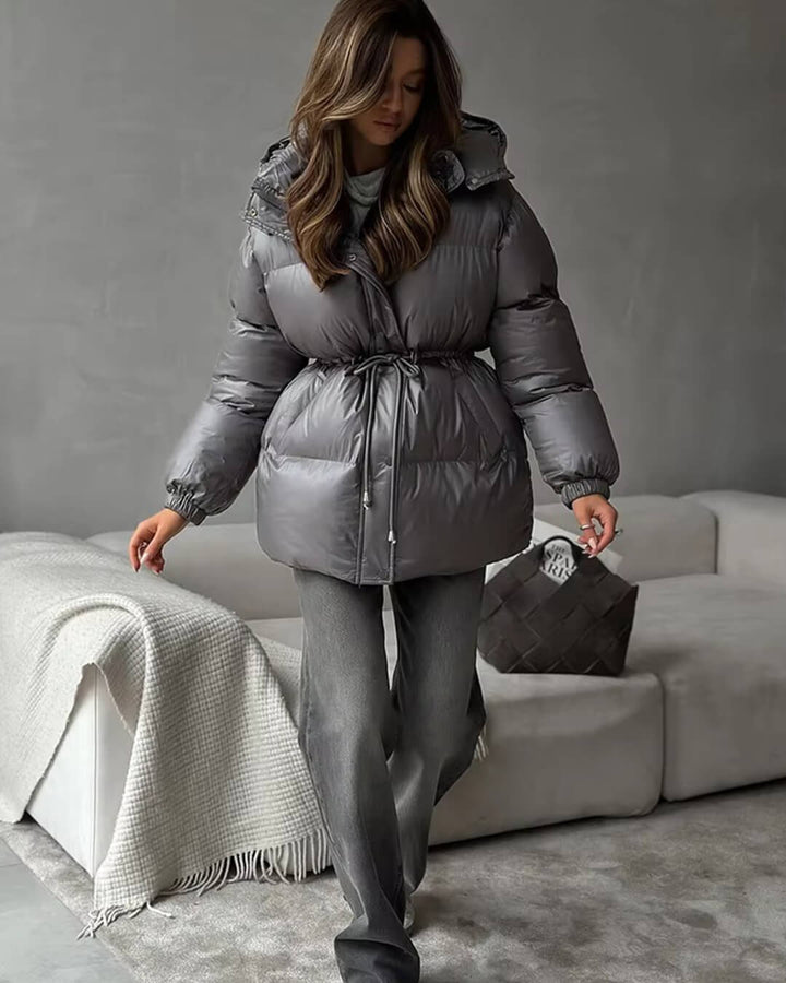 Women's Puffer Jacket with Hood & Drawstring Waist | Zip Up